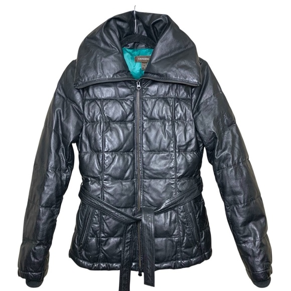 Danier Black Leather Puffer Jacket Sz XXS High Neck Bomber Quilted Winter Coat - Picture 3 of 16